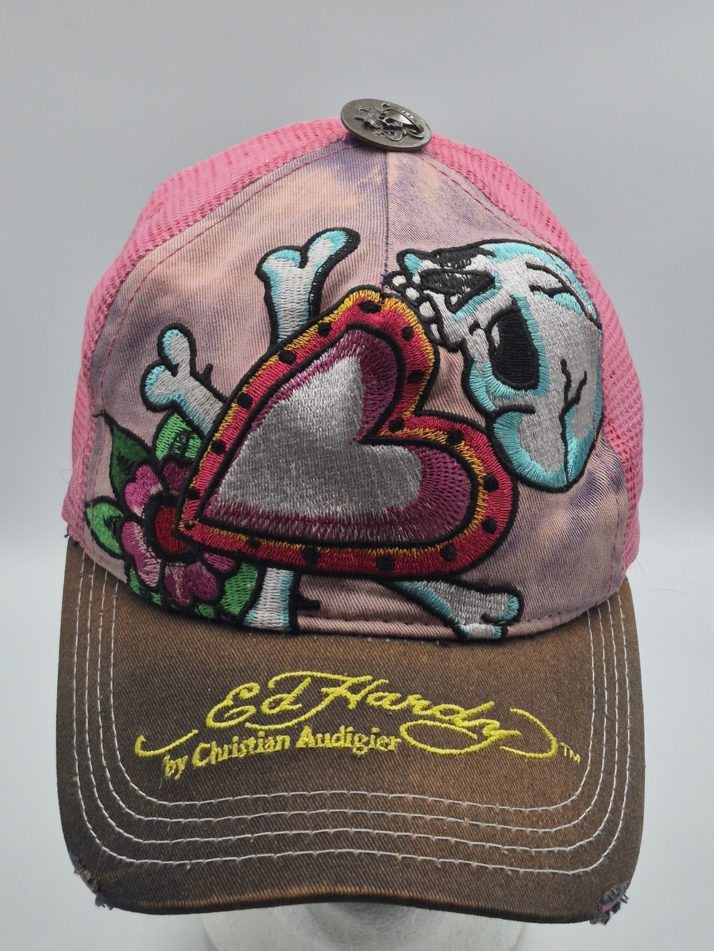 Ed Hardy Trucker Hat Skull Heart Y2K Christian Audigier - Distressed